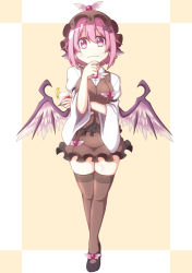 Rule 34 | 1girl, :3, animal ears, black thighhighs, blush, breasts, brown thighhighs, crossed legs, cup, earlgrey, earrings, fingernails, hair ornament, hairclip, hand on own chin, hat, jewelry, large breasts, long sleeves, looking at viewer, mystia lorelei, nail polish, pink eyes, pink hair, sharp fingernails, short hair, single earring, smile, solo, standing, thighhighs, touhou, wings, zettai ryouiki