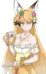 Rule 34 | 1girl, animal ear fluff, animal ears, bare shoulders, black hair, blonde hair, braid, breasts, collarbone, crown braid, cup, dress, extra ears, ezo red fox (kemono friends), flower, fox ears, fox girl, gradient hair, hair between eyes, hair flower, hair ornament, highres, holding, holding cup, jewelry, kemono friends, long hair, looking at viewer, medium breasts, multicolored hair, necklace, orange eyes, pearl necklace, simple background, smile, solo, tanabe (fueisei), very long hair, white background, wrist cuffs