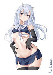 Rule 34 | 1girl, bikini, black gloves, black thighhighs, blue bikini, blue eyes, blue hair, blue skirt, blush, bodysuit, boots, cowboy shot, crop top, cropped legs, diving suit, ebifurya, elbow gloves, fake horns, fingerless gloves, gloves, gradient necktie, gradient neckwear, hair between eyes, headgear, highres, horned headwear, horns, i-203 (kancolle), kantai collection, light blue hair, long hair, looking at viewer, midriff, neckerchief, nontraditional school swimsuit, one-hour drawing challenge, pencil skirt, sailor collar, school swimsuit, simple background, skirt, sleeveless, solo, swimsuit, thigh boots, thighhighs, twitter username, wetsuit, white background, white neckerchief, white sailor collar