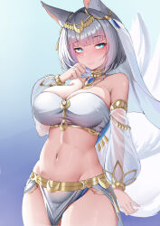 Rule 34 | 1girl, absurdres, animal ear fluff, animal ears, arabian clothes, azur lane, bandeau, bare shoulders, blue background, blue eyes, blue gemstone, blush, bob cut, breasts, cleavage, closed mouth, cowboy shot, dancer, detached sleeves, fox ears, fox girl, fox tail, gem, gold, gold choker, gold trim, gradient background, hair ornament, hand to own mouth, harem outfit, headpiece, highres, jewelry, kaga (azur lane), kaga (snowsilk fox dance) (azur lane), kitsune, lahz52, large breasts, light smile, loincloth, long sleeves, looking at viewer, midriff, multiple tails, navel, necklace, official alternate costume, pelvic curtain, puffy long sleeves, puffy sleeves, revealing clothes, see-through, see-through sleeves, short hair, simple background, smile, solo, standing, stomach, tail, veil, white hair, white sleeves, white tail