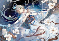 Rule 34 | 1girl, blue kimono, branch, capelet, floating hair, flower, fre (haochilanzuo), green eyes, hair between eyes, japanese clothes, kimono, light smile, long hair, looking at viewer, luo tianyi, lying, obi, on back, parted lips, petals, sash, silver hair, solo, very long hair, vocaloid, white flower