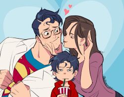 Rule 34 | 1girl, 2boys, black hair, blue bodysuit, blue eyes, bodysuit, child, clark kent, cup, dc comics, family, father and son, hetero, highres, hokkemaruyaki, husband and wife, insignia, jonathan kent, lois lane, looking at another, looking at viewer, mature female, mature male, mother and son, multiple boys, muscular, reporter, short hair, smile, superhero costume, superman, superman (series), superman logo, unamused
