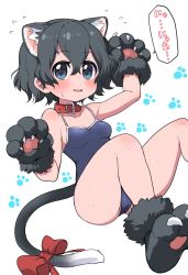 Rule 34 | 1girl, alternate costume, animal ears, animal hands, bare shoulders, black hair, blue eyes, blush, bow, cat ears, cat girl, cat tail, collar, commentary request, competition school swimsuit, extra ears, gloves, highres, kaban (kemono friends), kemono friends, kemonomimi mode, one-piece swimsuit, paw gloves, paw shoes, ransusan, red bow, red collar, school swimsuit, short hair, sleeveless, solo, sweatdrop, swimsuit, tail, tail bow, tail ornament, translated