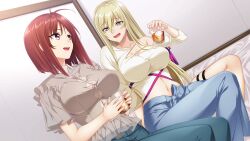 Rule 34 | 2girls, ahoge, bare shoulders, bed, blonde hair, blue eyes, breasts, cleavage, cup, drinking, female focus, game cg, highres, holding, holding cup, jinki, jinki: unlimited, large breasts, legs, long hair, looking at another, medium hair, michelle e harn, multiple girls, navel, on bed, open mouth, original, pink eyes, red hair, see-through, sitting, thighs, tsunashima shirou