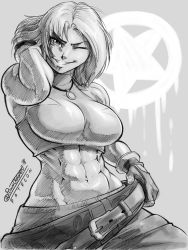 Rule 34 | 1girl, 2018, ;d, abs, baggy pants, belt, blue mary, breasts, crop top, fatal fury, fingerless gloves, gloves, greyscale, grin, hair flip, hand in own hair, hand on belt, highres, impossible clothes, jewelry, large breasts, looking at viewer, loose belt, midriff, monochrome, muscular, muscular female, navel, necklace, one eye closed, open mouth, pants, pendant, pltnm ghost, short hair, signature, sketch, smile, solo, the king of fighters