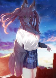 Rule 34 | 1girl, animal ear fluff, animal ears, backlighting, blue skirt, blush, breasts, cleavage, collared shirt, dress shirt, ero waifu, fate/extra, fate (series), fox ears, fox girl, fox tail, grey jacket, hair between eyes, jacket, large breasts, long hair, looking at viewer, off shoulder, official alternate costume, open clothes, open jacket, pink hair, plaid, plaid skirt, pleated skirt, shirt, sidelocks, skirt, solo, tail, tamamo (fate), tamamo no mae (fate/extra), thighs, twintails, white shirt, yellow eyes