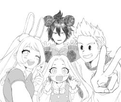 Rule 34 | 2boys, 2girls, ;d, amajiki tamaki, animal ears, blush, boku no hero academia, child, claw pose, disney, eri (boku no hero academia), fake animal ears, greyscale, grin, hadou nejire, highres, long hair, looking at viewer, mickey mouse ears, minnie mouse ears, monochrome, multiple boys, multiple girls, nano (marronmousse), one eye closed, open mouth, quiff, rabbit ears, short hair, sketch, smile, teeth, togata mirio, v