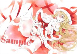 Rule 34 | 1girl, arim0k0, blonde hair, breasts, christmas, cleavage, clothes pull, fur trim, garter straps, hat, highres, huge breasts, long hair, looking at viewer, lying, navel, nightcap, on back, open mouth, pulling own clothes, red hat, red ribbon, ribbon, sample watermark, santa costume, solo, thighhighs, touhou, traditional media, watermark, white thighhighs, yakumo yukari, yellow eyes