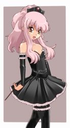 Rule 34 | 1girl, bare shoulders, brown eyes, detached sleeves, dress, flat chest, long hair, louise francoise le blanc de la valliere, momo (fruits box), pink hair, solo, strapless, strapless dress, thighhighs, tiara, wand, zero no tsukaima