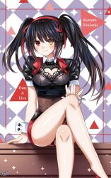 Rule 34 | 1girl, argyle, argyle background, argyle clothes, arm support, bare legs, black hair, blush, character name, checkered background, cleavage cutout, clock eyes, clothing cutout, commentary, copyright name, cropped jacket, crossed legs, date a live, detached collar, english commentary, feet out of frame, heterochromia, highres, legs, lewdkuma, long hair, looking at viewer, patting lap, red eyes, red ribbon, ribbon, see-through, short sleeves, signature, sitting, smile, smirk, solo, symbol-shaped pupils, tight clothes, tokisaki kurumi, twintails, uneven twintails, very long hair, white wrist cuffs, wrist cuffs, yellow eyes