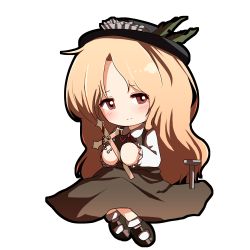 Rule 34 | 1girl, black hat, blonde hair, blush, brown footwear, brown skirt, brown vest, chibi, closed mouth, collared shirt, cross, dolls in pseudo paradise, frilled hat, frilled sleeves, frills, happy, hat, hat feather, holding, holding cross, jacket girl (dipp), long hair, long sleeves, looking at viewer, mary janes, red eyes, red ribbon, ribbon, shirt, shoes, sitting, skirt, smile, socks, solo, stake, teruteru12, touhou, very long hair, vest, white shirt, white socks