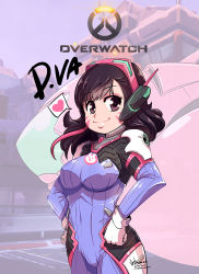 Rule 34 | 1girl, alternate breast size, bodysuit, breasts, brown eyes, brown hair, character name, charochai, copyright name, covered erect nipples, covered navel, d.va (overwatch), facial mark, gloves, hands on own hips, headphones, headset, heart, highres, large breasts, long hair, looking at viewer, mecha, meka (overwatch), overwatch, overwatch 1, pilot suit, robot, skin tight, smile, solo, spoken heart, standing, whisker markings, white gloves
