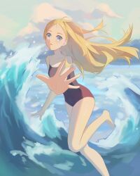 Rule 34 | 1girl, absurdres, barefoot, blonde hair, blue eyes, blue one-piece swimsuit, blue sky, cloud, competition school swimsuit, day, foreshortening, highres, hu pi xuan jiao, kofune ushio, long hair, one-piece swimsuit, outdoors, running, school swimsuit, sky, solo, summertime render, swimsuit, waves