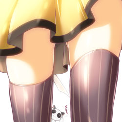 Rule 34 | 10s, 1girl, :3, animal, cat, close-up, kyubey, mahou shoujo madoka magica, mahou shoujo madoka magica (anime), na! (na&#039;mr), skirt, striped clothes, striped thighhighs, text focus, thighhighs, tomoe mami, translated, vertical-striped clothes, vertical-striped thighhighs, white background, zettai ryouiki