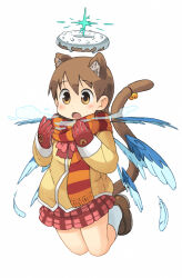 Rule 34 | 1girl, aioi yuuko, animal ear fluff, animal ears, arawi keiichi (style), bell, blush, breath, breathing, brown eyes, brown hair, cat ears, cat girl, cat tail, cold, doughnut, food, halo, highres, jacket, jingle bell, long sleeves, midair, mittens, nichijou, nishimura (prism engine), open mouth, red mittens, scarf, shoes, simple background, skirt, socks, solo, tail, tail bell, tail ornament, white background, white socks, wings