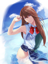 Rule 34 | 10s, 1girl, black eyes, bra, brown hair, chikuma (kancolle), ishii hisao, kantai collection, long hair, looking at viewer, no panties, partially submerged, see-through, shirt, smile, solo, underwear, wet, wet clothes, wet shirt
