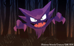 Rule 34 | claws, commentary request, copyright name, creatures (company), dark, fang, floating, forest, game freak, gen 1 pokemon, ghost, grass, haunter, highres, hyogonosuke, looking at viewer, nature, night, nintendo, no humans, official art, open mouth, pokemon, pokemon (creature), pokemon tcg, rayman limbs, skin fang, smile, solo, tongue, watermark