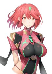 Rule 34 | 1girl, arms behind back, blush, breasts, chest jewel, closed eyes, closed mouth, cropped torso, hair between eyes, highres, large breasts, looking at viewer, pyra (xenoblade), red eyes, red hair, seino (sasakike1305), short hair, simple background, smile, solo, swept bangs, tiara, upper body, white background, xenoblade chronicles (series), xenoblade chronicles 2