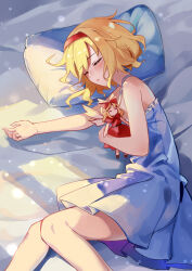 Rule 34 | 1girl, absurdres, ailu elf, alice margatroid, bed sheet, blonde hair, blush, chinese commentary, closed eyes, dress, feet out of frame, hairband, highres, hourai doll, lying, on side, open mouth, pillow, red hairband, short hair, solo, touhou, white dress