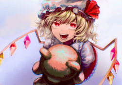 Rule 34 | 1girl, :d, blonde hair, blue background, chromatic aberration, crystal, eyebrows hidden by hair, eyelashes, flandre scarlet, frilled shirt collar, frills, from above, gradient background, hat, hat ribbon, holding, holding stuffed toy, looking at viewer, mob cap, mueo, open mouth, petticoat, puffy short sleeves, puffy sleeves, red eyes, red ribbon, red skirt, ribbon, short hair, short sleeves, simple background, skirt, smile, solo, stuffed animal, stuffed toy, teddy bear, teeth, touhou, white hat, wings