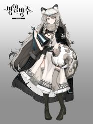 Rule 34 | 1girl, absurdres, animal ear fluff, animal ears, arknights, bead necklace, beads, bell, belt, black belt, black cape, black footwear, boots, braid, cape, commentary request, copyright name, dress, full body, fur-trimmed boots, fur trim, gradient background, grey background, grey eyes, grey thighhighs, hair between eyes, hand up, head chain, highres, holding, holding bell, jewelry, knee boots, leopard ears, leopard tail, long hair, looking at viewer, necklace, pelvic curtain, pramanix (arknights), silver hair, solo, standing, tail, thighhighs, turtleneck, turtleneck dress, twin braids, very long hair, white dress, yanggaengwang
