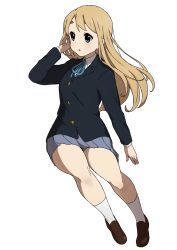 Rule 34 | 1girl, black jacket, blonde hair, blue bow, blue bowtie, blue eyes, blue skirt, bow, bowtie, brown footwear, buttons, commentary request, full body, hand up, highres, jacket, k-on!, kicchi (tmgk), kotobuki tsumugi, loafers, long hair, long sleeves, parted lips, pleated skirt, school uniform, shoes, simple background, skirt, socks, solo, w, white background, white socks