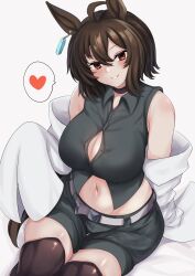 Rule 34 | 1girl, absurdres, agnes tachyon (umamusume), ahoge, alternate costume, animal ears, bare shoulders, belt, black thighhighs, blush, breasts, brown hair, cleavage, coat, commentary request, cropped shirt, earrings, grey shirt, grin, hair between eyes, heart, highres, hisagi (hisagi00), horse ears, horse girl, horse tail, jewelry, lab coat, messy hair, midriff, navel, open clothes, open coat, partially unbuttoned, red eyes, shirt, short hair, shorts, simple background, single earring, sitting, sleeveless, sleeveless shirt, sleeves past fingers, sleeves past wrists, smile, solo, tail, thighhighs, umamusume, very long sleeves, white background, white belt, white coat
