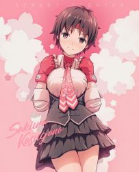 Rule 34 | 1girl, asou (asabu202), blush, breasts, brown eyes, brown hair, character name, closed mouth, copyright name, fingerless gloves, gloves, headband, kasugano sakura, large breasts, long sleeves, looking at viewer, necktie, pink background, short hair, skirt, sleeves rolled up, smile, solo, street fighter, very short hair
