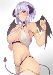 Rule 34 | 1girl, ashino, bikini, blush, breasts, brown eyes, demon girl, demon horns, demon tail, demon wings, from side, gradient background, halterneck, hands up, highres, horns, large breasts, navel, o-ring, o-ring top, original, parted lips, purple hair, short hair, sidelocks, solo, swimsuit, tail, tareme, thighhighs, thighs, white bikini, white thighhighs, wings
