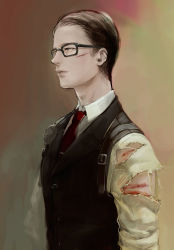 Rule 34 | 1boy, absurdres, badge, belt, cuts, glasses, highres, injury, joseph oda, male focus, mugikoma, shirt, solo, the evil within, torn clothes, torn shirt, vest, waistcoat