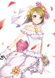 Rule 34 | 10s, 1girl, absurdres, bare shoulders, black gloves, bouquet, breasts, bridal veil, brown hair, choker, collarbone, dress, flower, ginn (hzh770121), gloves, hair flower, hair ornament, highres, holding, holding bouquet, koizumi hanayo, looking at viewer, love live!, love live! school idol festival, love live! school idol project, love wing bell, medium breasts, pantyhose, petals, purple eyes, short hair, simple background, sleeveless, sleeveless dress, smile, solo, veil, white background, white dress, white gloves, white pantyhose