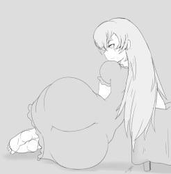 Rule 34 | 1girl, ass, barefoot, bed, grey background, huge ass, iron-0xide, long hair, monochrome, nightgown, rwby, scar, solo, weiss schnee, wide hips