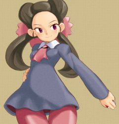 Rule 34 | 1girl, ascot, black hair, blue dress, breasts, brown background, closed mouth, collared dress, cowboy shot, creatures (company), dress, eisu (eith), eyelashes, fingernails, forehead, game freak, gym leader, hair ribbon, hair rings, hand on own hip, highres, holding, holding poke ball, long hair, long sleeves, looking away, looking to the side, nintendo, pantyhose, pink pantyhose, pink ribbon, poke ball, pokemon, pokemon rse, puffy long sleeves, puffy sleeves, purple eyes, ribbon, roxanne (pokemon), short dress, small breasts, smile, solo, standing, thigh gap, tsurime, twintails