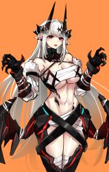 Rule 34 | 1girl, absurdres, arknights, bandaged leg, bandages, breasts, casul, chest sarashi, claw pose, clawed gauntlets, cleavage, commentary, demon girl, demon horns, demon wings, detached sleeves, ear piercing, earrings, english commentary, gauntlets, hair between eyes, hair ornament, highres, horns, jewelry, large breasts, long hair, long sleeves, looking at viewer, mudrock (arknights), navel, orange background, piercing, pointy ears, red eyes, revealing clothes, sarashi, sidelocks, simple background, solo, stomach, white hair, wings