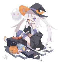 Rule 34 | 1girl, ahoge, asymmetrical legwear, backpack, bag, bag of chips, bare shoulders, bat ornament, black bag, black choker, black hat, black jacket, candle, candy, chips (food), choker, daizu (melon-lemon), faux figurine, food, from behind, full body, ghost, glasses, hair through headwear, halloween, hat, heterochromia, holding, holding wand, jack-o&#039;-lantern, jacket, knees up, long hair, long sleeves, looking at viewer, looking back, mismatched legwear, off shoulder, one-piece swimsuit, open bag, open clothes, open jacket, orange eyes, orange thighhighs, original, panties, panty pull, parted lips, pocky, potato chips, purple eyes, purple thighhighs, randoseru, semi-rimless eyewear, shoes, simple background, sitting, sleeves past fingers, sleeves past wrists, solo, striped clothes, striped thighhighs, sweat, swimsuit, swimsuit under clothes, thighhighs, two side up, under-rim eyewear, underwear, uwabaki, wand, white background, white footwear, white hair, white one-piece swimsuit, white panties, witch hat