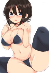Rule 34 | 1girl, :d, anus, bare arms, bikini, black bikini, black hair, black thighhighs, blue eyes, blush, breasts, cleavage, golgi hon, hair between eyes, highres, large breasts, looking at viewer, navel, open mouth, original, short hair, simple background, smile, solo, spread legs, swimsuit, thighhighs, white background