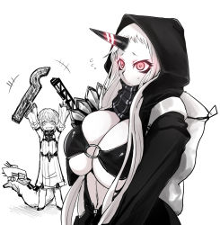 Rule 34 | 2girls, abyssal ship, arms up, backpack, bag, breasts, claws, cleavage, cosplay, costume switch, holding, hood, hoodie, huge breasts, jariinu (gomasionori), kantai collection, long hair, monochrome, multiple girls, navel, o-ring, o-ring top, oversized clothes, re-class battleship, re-class battleship (cosplay), scarf, seaport hime (cosplay), seaport princess, sharp teeth, short hair, simple background, smile, spot color, sweatdrop, tail, teeth, underboob, undersized clothes, very long hair, white hair, zipper