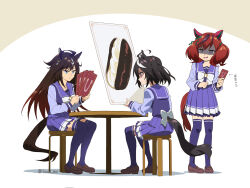 Rule 34 | 3girls, animal ears, arrow (symbol), black hair, blue eyes, bow, breasts, brown background, brown footwear, brown hair, card, closed mouth, commentary request, duramente (umamusume), gradient hair, hair ornament, hairclip, highres, holding, holding card, horse ears, horse girl, horse tail, kitasan black (umamusume), loafers, long hair, medium breasts, multicolored hair, multiple girls, nice nature (umamusume), pleated skirt, profile, purple shirt, purple skirt, purple thighhighs, red eyes, school uniform, shaded face, shadow, shirt, shoes, sitting, skirt, streaked hair, sweat, table, tail, thighhighs, tonbi, tracen school uniform, translation request, turn pale, twintails, two-tone background, two side up, umamusume, v-shaped eyebrows, very long hair, white background, white bow, white hair