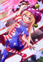 Rule 34 | 1girl, american flag dress, american flag pants, aospanking, arm up, black sky, blonde hair, breasts, clownpiece, danmaku, dress, fairy wings, fire, hair between eyes, hand up, hat, highres, holding, holding torch, jester cap, laser, leg up, long hair, looking at viewer, medium breasts, moon, neck ruff, night, night sky, no shoes, open mouth, pants, pink eyes, pink fire, pink hat, polka dot, short sleeves, sky, smile, solo, space, spell card, standing, standing on one leg, star (sky), star (symbol), star print, starry sky, striped clothes, striped dress, striped pants, torch, touhou, wings