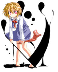 Rule 34 | &gt;:), 1girl, barefoot, darkness, ex-rumia, highres, leaning forward, red eyes, ribbon, rumia, scythe, shirt, short hair, skirt, smile, solo, touhou, v-shaped eyebrows, vest, weapon, you shugyouchuu