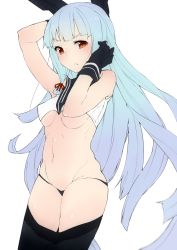 Rule 34 | 10s, 1girl, :&lt;, adapted costume, akiha (attract), arms up, bad id, bad twitter id, black gloves, black panties, black pantyhose, blue hair, blush, body blush, breasts, clothes pull, covered erect nipples, gloves, groin, headgear, kantai collection, kskasutera, long hair, murakumo (kancolle), navel, orange eyes, panties, pantyhose, pantyhose pull, simple background, solo, string panties, underboob, underwear, very long hair, white background