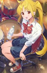 Rule 34 | 1girl, ahoge, blonde hair, blue skirt, blush, bocchi the rock!, bottle, bow, bowtie, chair, collared shirt, commentary request, drum, drumsticks, highres, holding, holding bottle, holding drumsticks, ijichi nijika, instrument, long hair, open mouth, poligon (046), polka dot, polka dot bow, red bow, red bowtie, red eyes, shirt, shoes, sitting, skirt, smile, sneakers, socks, solo, white shirt, white socks