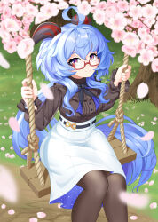 Rule 34 | 1girl, absurdres, ahoge, belt, black belt, black bow, black bowtie, black pantyhose, blue hair, bow, bowtie, brown shirt, cherry blossoms, dstears, falling petals, frilled shirt collar, frilled sleeves, frills, from above, ganyu (china merchants bank) (genshin impact), ganyu (genshin impact), genshin impact, glasses, grass, high-waist skirt, highres, horns, light smile, long hair, long sleeves, looking at viewer, low ponytail, official alternate costume, outdoors, pantyhose, petals, purple eyes, red-framed eyewear, shirt, shirt tucked in, sidelocks, sitting, skirt, swing, tree, very long hair, white skirt