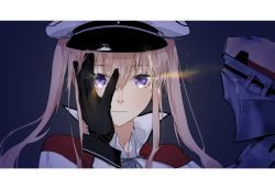 Rule 34 | 1girl, bad id, bad pixiv id, black gloves, blonde hair, border, closed mouth, flight deck, gloves, glowing, glowing eyes, graf zeppelin (kancolle), hand over eye, hat, kantai collection, lips, long hair, military, military hat, military uniform, neko (ganecooo), peaked cap, popped collar, purple eyes, rigging, sidelocks, solo, twintails, uniform, white border, white hat