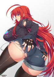 Rule 34 | 10s, 1girl, ahoge, alternate costume, arched back, artist name, ass, ass grab, bad id, bad pixiv id, black gloves, black shirt, black thighhighs, blue eyes, blush, breasts, buttons, chain, denim, denim shorts, detached sleeves, fingerless gloves, from behind, gloves, high school dxd, highres, huge ahoge, huge breasts, large breasts, leaning forward, long hair, looking at viewer, looking back, pantylines, parted lips, red hair, rias gremory, shirt, short shorts, shorts, simple background, smile, solo, stormcow, teeth, thighhighs, torn clothes, torn shorts, very long hair