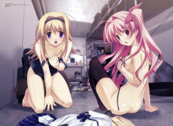 Rule 34 | 00s, 2girls, absurdres, ass, barefoot, blonde hair, breast hold, breasts, butt crack, chaos;head, cleavage, covering privates, covering breasts, dimples of venus, feet, highres, indoors, multiple girls, nishijou nanami, no bra, no panties, nude, official art, pink hair, sakihata rimi, school swimsuit, swimsuit, thighhighs, topless