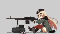 Rule 34 | 1girl, aiming, ammunition box, beret, binoculars, bipod, black footwear, black hat, black shirt, blonde hair, boots, closed mouth, commentary, crate, expressionless, full body, fur-trimmed boots, fur-trimmed jacket, fur trim, general-purpose machine gun, girls&#039; frontline, glasses, green jacket, grey background, gun, hair ornament, hairclip, hat, holding, holding gun, holding weapon, jacket, kamihine, long hair, long sleeves, machine gun, necktie, open clothes, open jacket, panties, pantyshot, pouch, red eyes, red necktie, red thighhighs, round eyewear, shadow, shirt, shoe soles, simple background, sitting, solo, thighhighs, trigger discipline, twitter username, type 80 (girls&#039; frontline), type 80 machine gun, underwear, very long hair, walkie-talkie, weapon, white panties