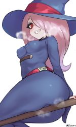 Rule 34 | 1girl, ass, between buttocks, breasts, broom, covered erect nipples, hair over one eye, hat, heavy breathing, jtveemo, light purple hair, little witch academia, long hair, looking at viewer, luna nova school uniform, medium breasts, pale skin, parted lips, red eyes, school uniform, sharp teeth, shiny skin, simple background, smile, solo, sucy manbavaran, taut clothes, teeth, white background, witch, witch hat