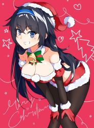Rule 34 | 1girl, bell, bent over, black hair, blue eyes, breasts, collar, detached sleeves, girls&#039; frontline, gloves, hair between eyes, hairband, hand on thigh, hat, highres, large breasts, long hair, mole, mole under eye, neck bell, open mouth, pantyhose, santa costume, santa hat, simple background, smile, solo, super sass (girls&#039; frontline), vanna, very long hair