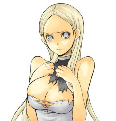 Rule 34 | 00s, 1girl, bad id, bad pixiv id, bare shoulders, blonde hair, breasts, bursting breasts, claymore (series), cleavage, covered erect nipples, grey eyes, large breasts, long hair, pocopoco, simple background, solo, tears, torn clothes, undine (claymore)